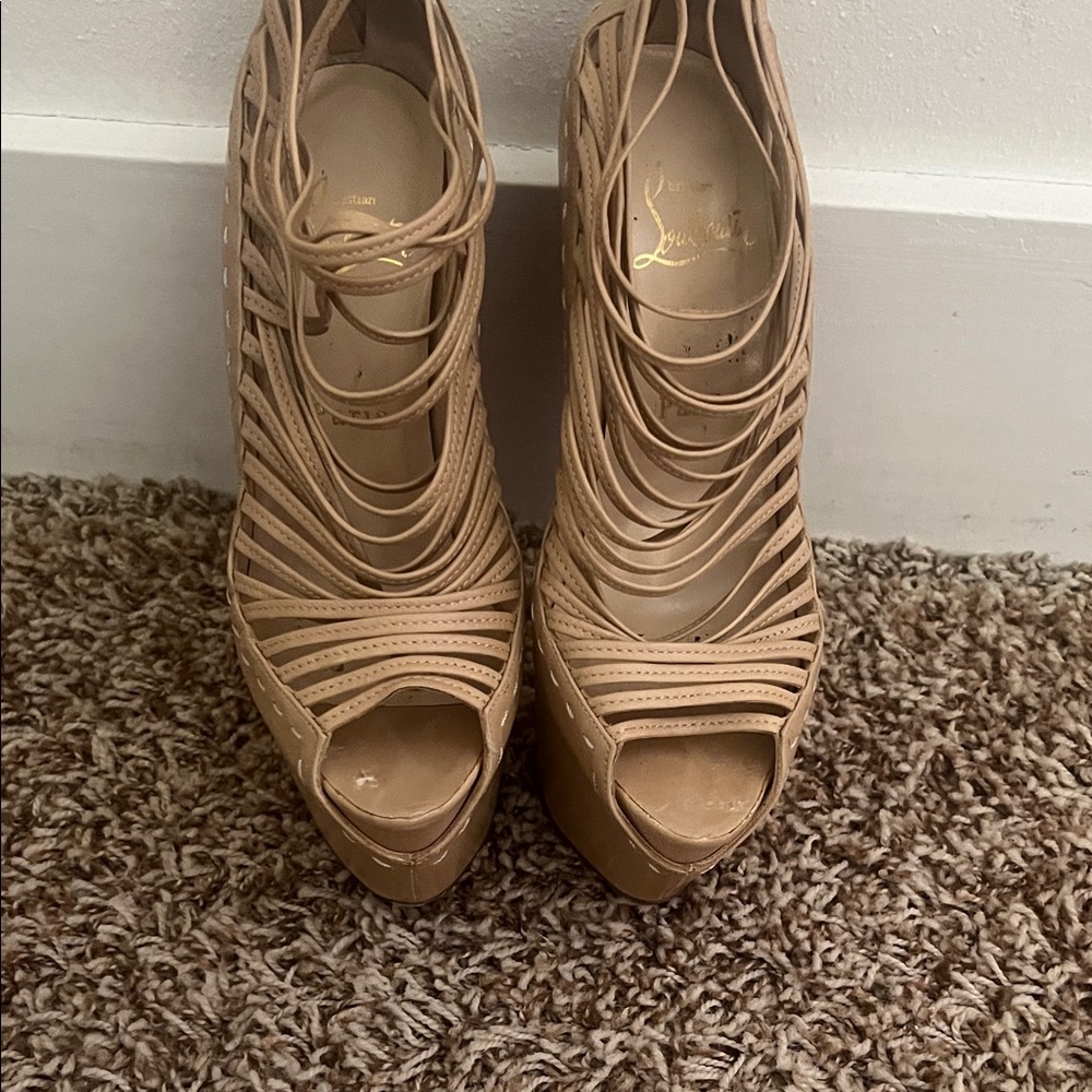 Christian Louboutin Beige Strappy Peep-Toe Platform Wedges
